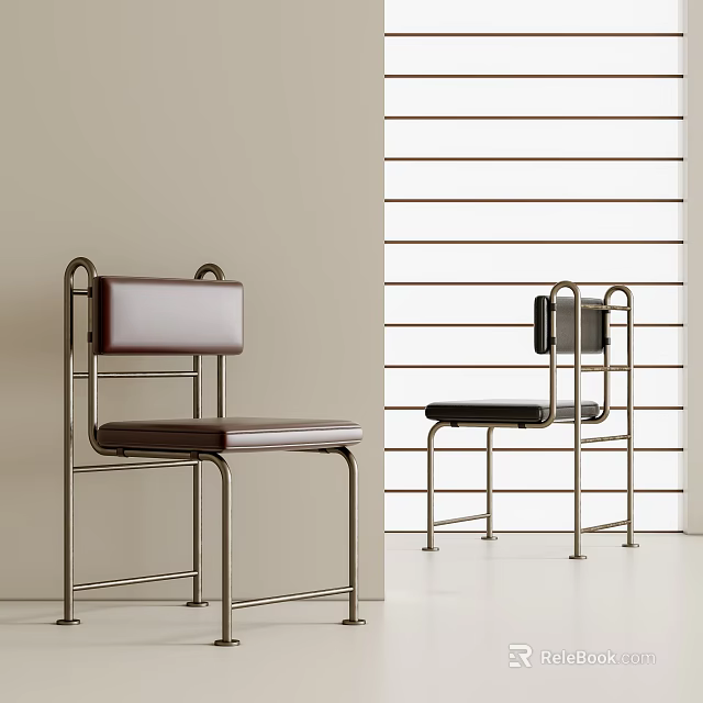 Minimalist Single Chair With Metal Frame And Leather Seat In Modern Room With Striped Partition 3d model 