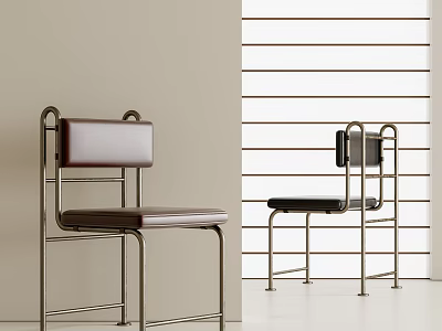 Minimalist Single Chair With Metal Frame And Leather Seat In Modern Room With Striped Partition 3d model