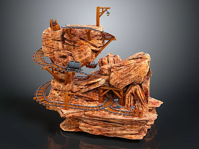 Detailed Rocky Terrain Miniature Model Featuring Winding Tracks And Wooden Supports 3d model