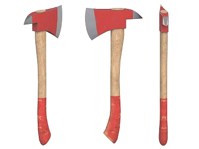 Hardware Tools Red Axe Heads With Wooden Handles Shown In Different Angles 3d model