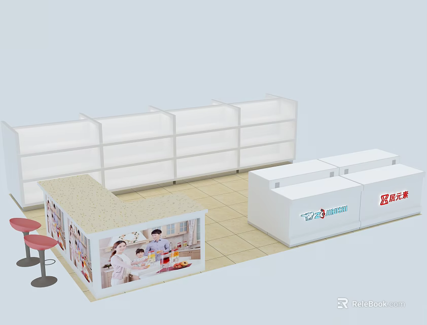 Modern Retail Display Shelves With Counter Advertising Poster And Stools 3d model
