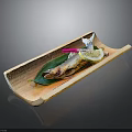 Tasty Grilled Fish Served with Lemon Slice Green Leaf and Pink Decoration on Wooden Plate