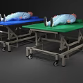 Wheeled Medical Beds with Blue and Green Surfaces and Mannequins on Top