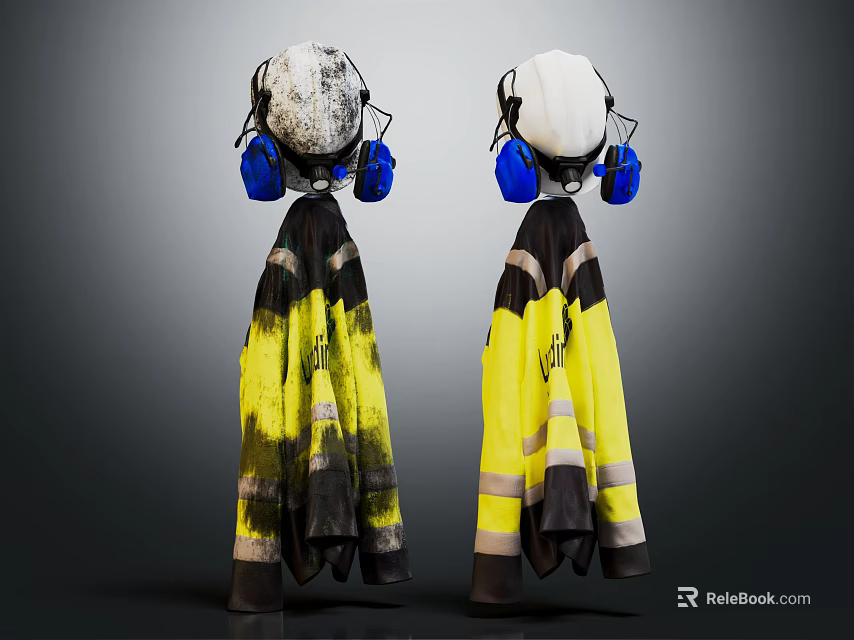 Yellow And Black Workwear With Reflective Strips Blue Earmuffs And White Hard Hats 3d model 
