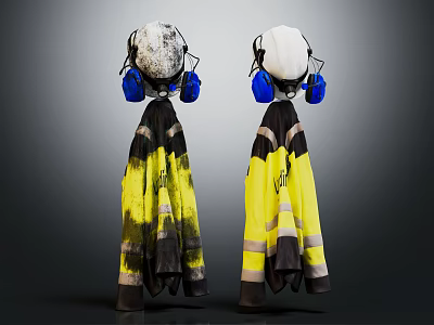 Yellow And Black Workwear With Reflective Strips Blue Earmuffs And White Hard Hats 3d model