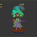 Game Movie Character With Colorful Hair Red Glowing Eyes And Blue Cloak On Green Grass