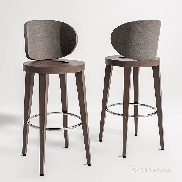 Modern Wooden Bar Stools With Curved Backrest Round Seat And Metal Footrest 3d model 