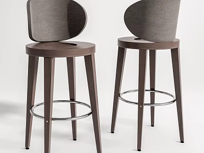 Modern Wooden Bar Stools With Curved Backrest Round Seat And Metal Footrest 3d model