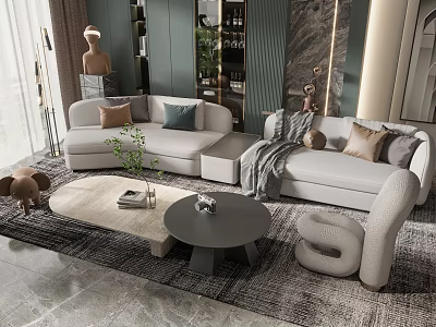 Modern L Shaped Sofa Coffee Table Combination With Throw Pillows Soft Rug And Decorative Green Plants 3d model