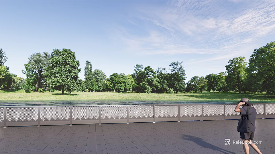 Ornamental White Fence Along Green Trees Grass With Blue Sky White Clouds 3d model 