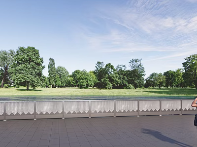 Ornamental White Fence Along Green Trees Grass With Blue Sky White Clouds 3d model