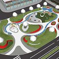 Modern Urban Park Landscape With Curved Red Paths Circular Seating Areas Trees And Water Features