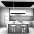 Chandelier Above Modern Kitchen Island With White Cabinets And Marble Backsplash