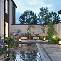 Tranquil Courtyard Garden Design With Pond Water Lilies Koi Fish Decorative Rocks And Ambient Lighting