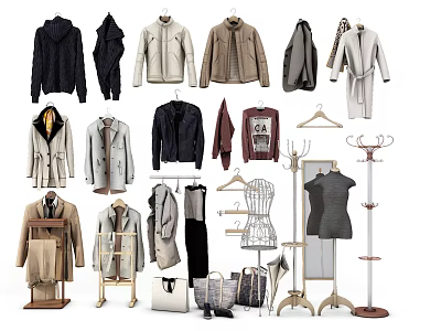 Various Clothes Collection With Coats Tops Pants Hangers And Display Racks 3d model
