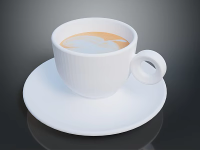 White Coffee Cup With Latte Art On White Saucer Over Dark Background 3d model