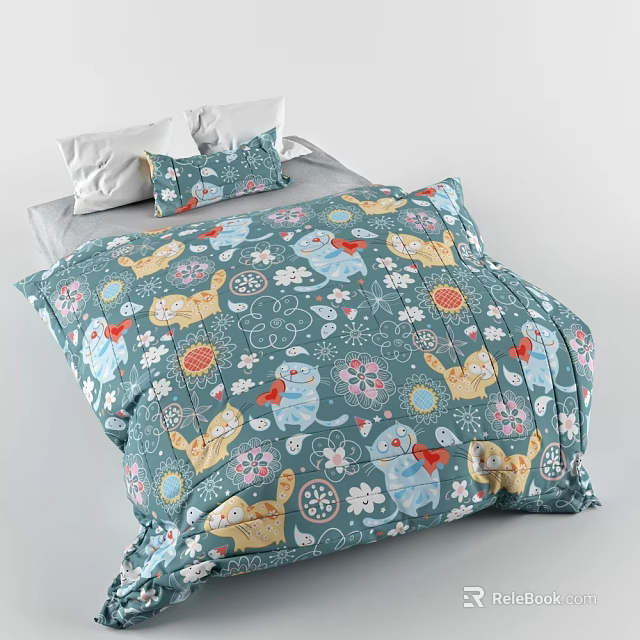 Children's Bed with Blue Bedding Set Cartoon Cat Balloon Snowflake Patterns 3d model 