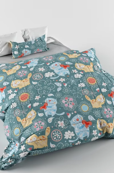Children's Bed with Blue Bedding Set Cartoon Cat Balloon Snowflake Patterns 3d model