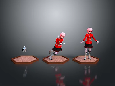 Pink Haired Character And Small Creature On Hexagonal Bases Red Coat Black Skirt Various Poses 3d model