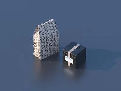 Patterned Paper Bag And Black Striped Label Box For Daily Living Supplies 3d model