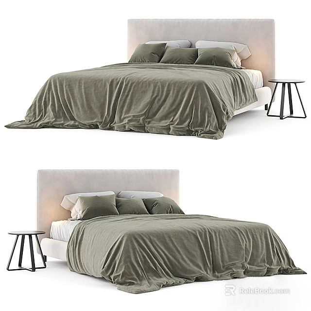 Double Bed with Green Comforter Pillows Light Colored Headboard and Black Side Table 3d model