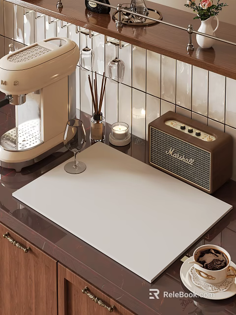 Modern Tableware Set with White Placemat Coffee Machine Wine Glass and Vintage Radio 3d model 