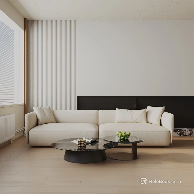 Modern Beige Three Seater Sofa With Pillows And Glass Coffee Table 3d model 