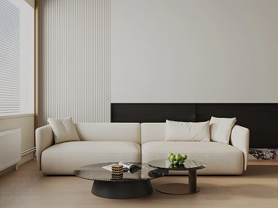 Modern Beige Three Seater Sofa With Pillows And Glass Coffee Table 3d model