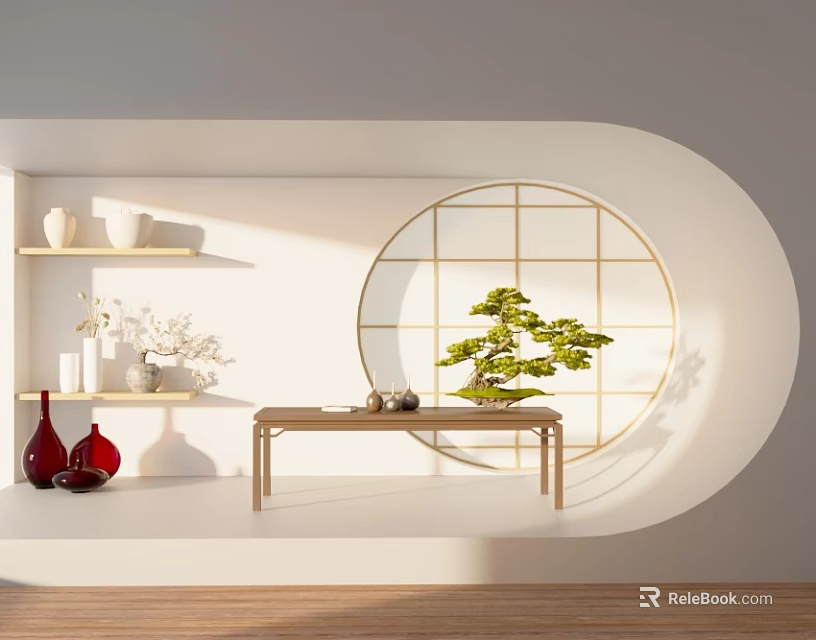 Serene Tea Room With Curved Design Circular Lattice Window Green Bonsai Wooden Table And Shelves 3d model 