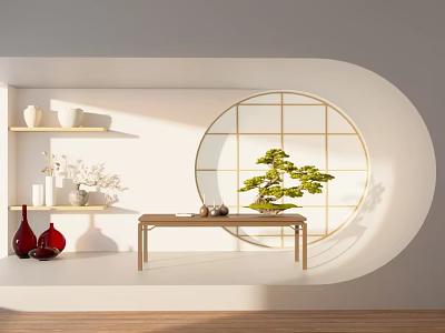 Serene Tea Room With Curved Design Circular Lattice Window Green Bonsai Wooden Table And Shelves 3d model