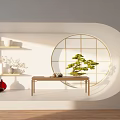 Serene Tea Room With Curved Design Circular Lattice Window Green Bonsai Wooden Table And Shelves