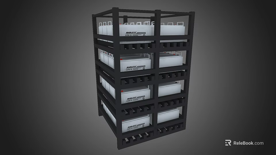 Black Metal Multi Tier Display Shelf With Organized White Storage Bins 3d model 