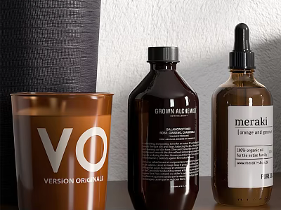 Bathroom Accessories Including Brown VO Cup Dark GROW MACADAMIA Bottles And Meraki Lavender Patchouli 3d model