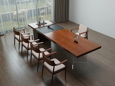Modern Wooden Tea Table With Chairs In Bright Interior With Large Windows 3d model