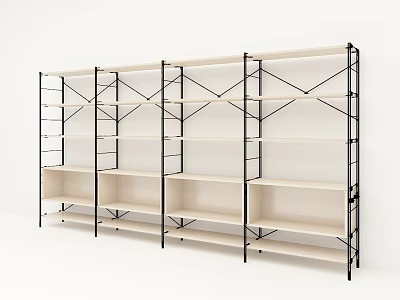 Multi Tier Metal Frame Storage Shelving Unit With Light Colored Wooden Shelves 3d model