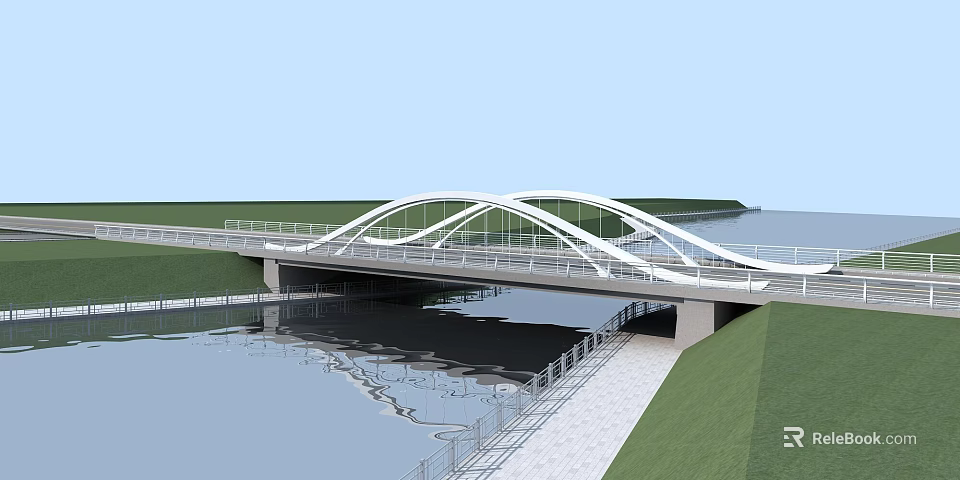White Arched Bridge Spanning Over Water With Reflection And Grass Walkway 3d model