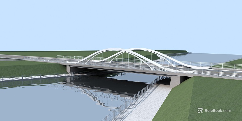 White Arched Bridge Spanning Over Water With Reflection And Grass Walkway 3d model 