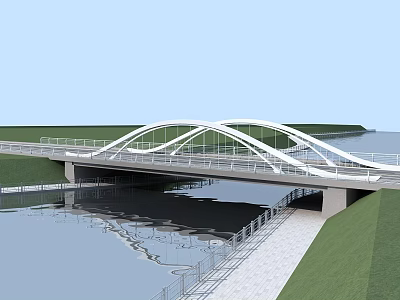 White Arched Bridge Spanning Over Water With Reflection And Grass Walkway 3d model