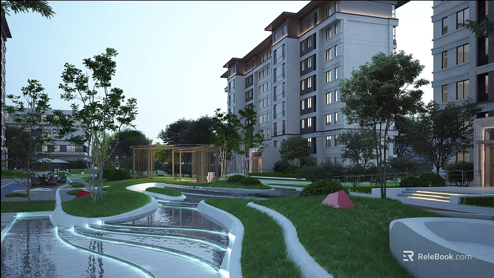 Serene Residential Landscape With Lush Greenery Lawn Trees Curved Walkways Water Feature And Pavilion 3d model 