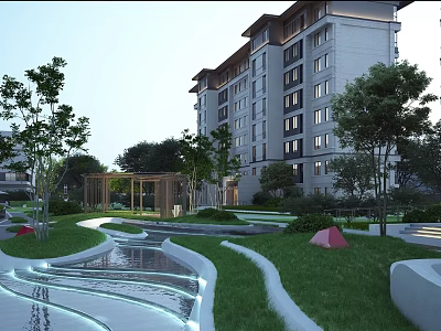 Serene Residential Landscape With Lush Greenery Lawn Trees Curved Walkways Water Feature And Pavilion 3d model