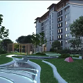 Serene Residential Landscape With Lush Greenery Lawn Trees Curved Walkways Water Feature And Pavilion