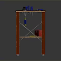 Dining Table With Black Table Mat Red Storage Box And Lower Wooden Shelf
