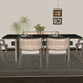 Modern Dining Table Set With Rattan Backrest Chairs Beige Cushions Wooden Legs Vase Flowers Tableware