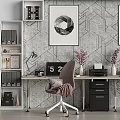 Modern Office Desk Interior With Bookshelves Wall Clock Art Prints And Potted Plants