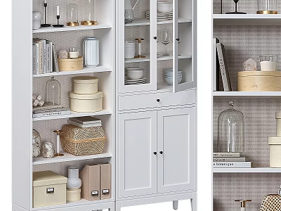 White Console And Side Cabinet With Open Shelves Storage Drawers And Decorative Jars 3d model