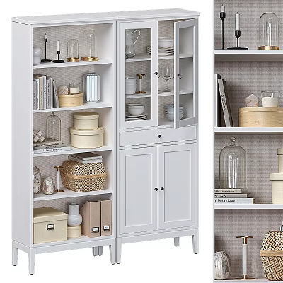 White Console And Side Cabinet With Open Shelves Storage Drawers And Decorative Jars 3d model