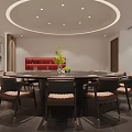 Elegant Modern Private Dining Room With Circular Ceiling Light Large Round Table And Upholstered Chairs 3d model