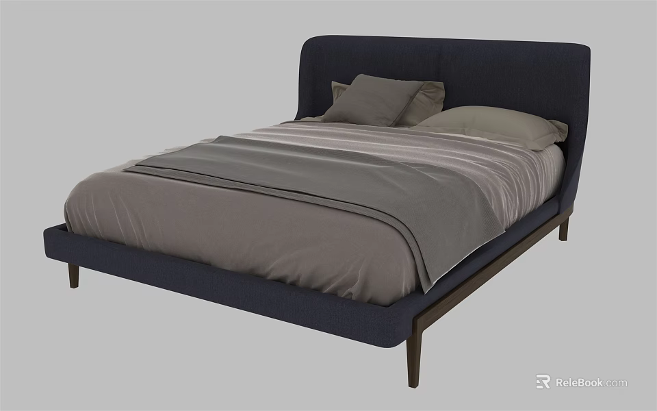 Modern Double Bed With Navy Blue Headboard And Gray Striped Bedding 3d model