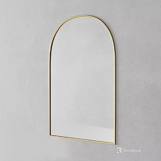 Arched Gold Frame Mirror Hanging On Grey Wall For Modern Home Decor 3d model 