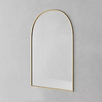 Arched Gold Frame Mirror Hanging On Grey Wall For Modern Home Decor 3d model